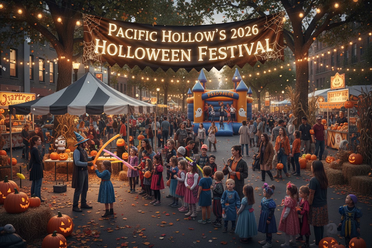 A crowd of people in costumes gathers at an outdoor street festival decorated with pumpkins, string lights, and a banner reading Pacific Hollow's 2026 Holloween Festival.