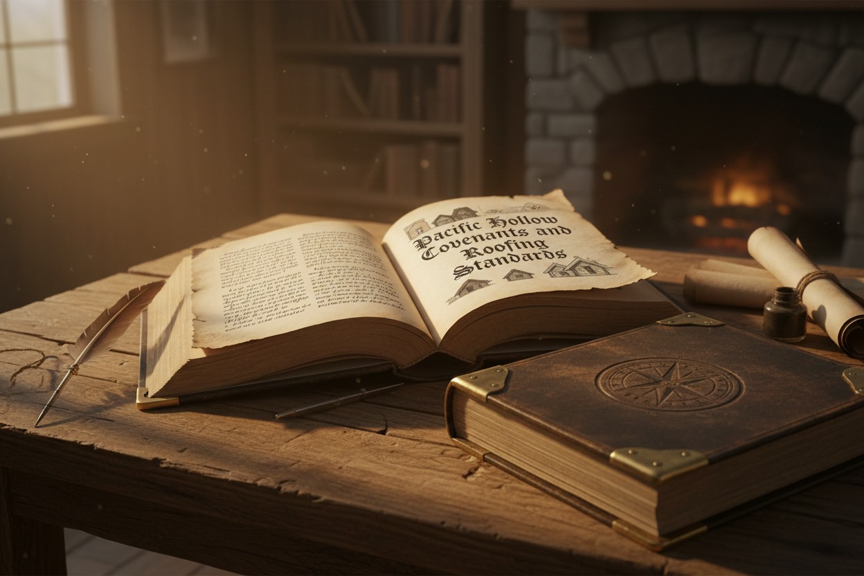 An open book titled Pacific Hollow Covenants and Roofing Standards rests on a wooden desk next to a quill, an inkwell, and a closed leather-bound book.